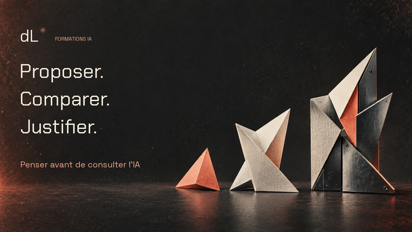 Proposer, comparer, justifier : trois constructions abstraites en papier et acier illustrent le raisonnement avant la consultation de l’IA. Logo David Lacour.