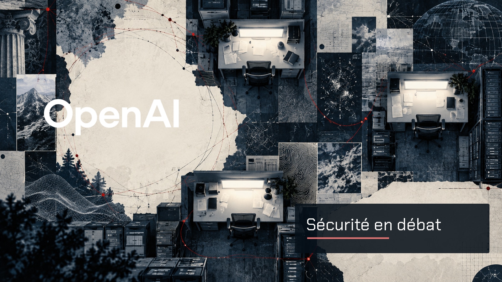 Logo officiel OpenAI sur un collage de postes de recherche vides avec la mention Sécurité en débat.