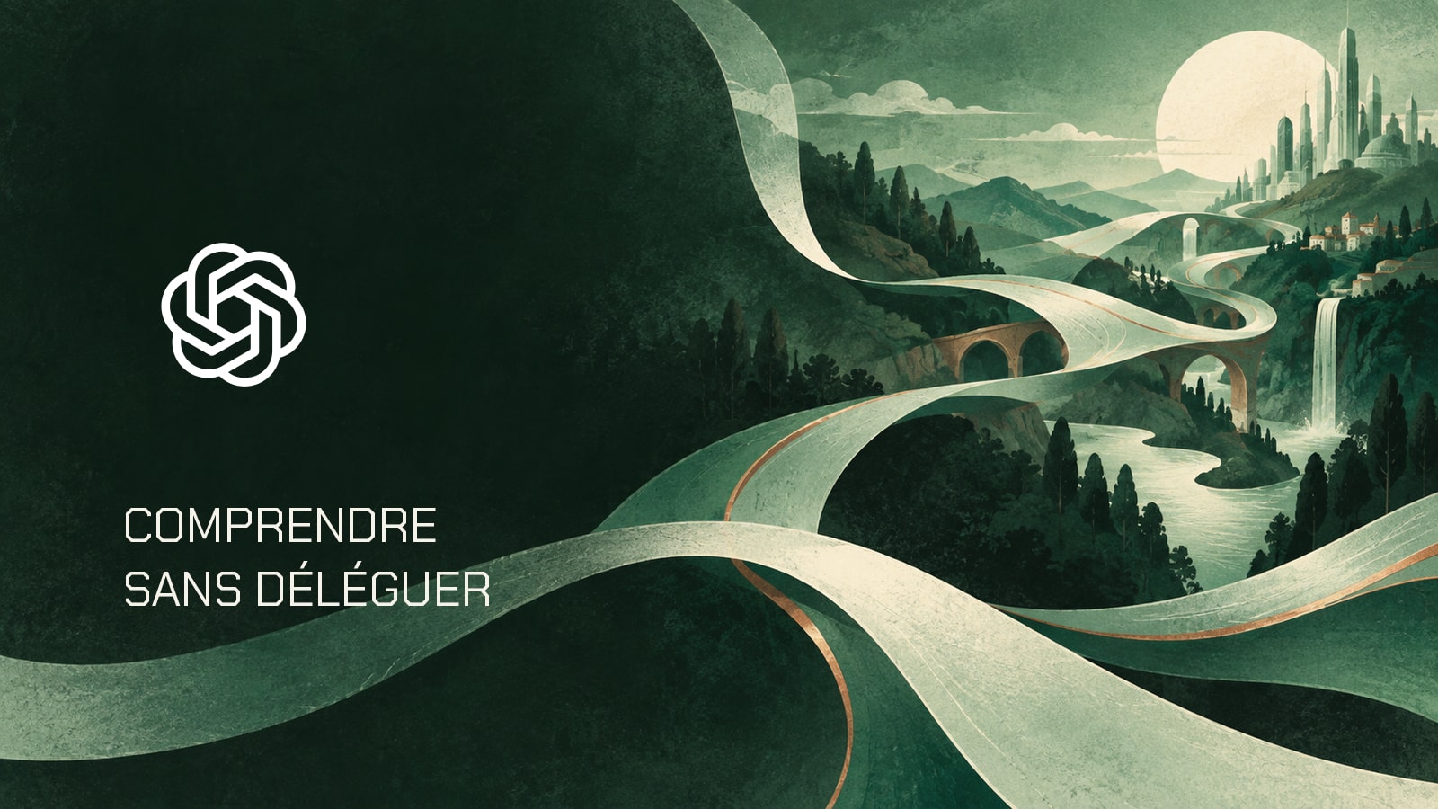 Logo officiel OpenAI et phrase Comprendre sans déléguer sur un paysage peint vert émeraude.