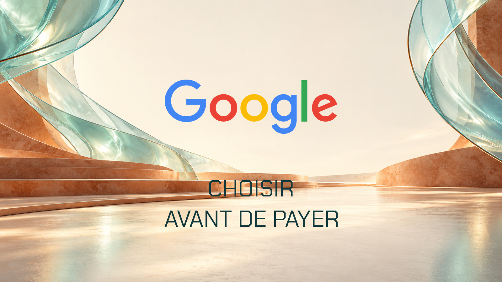 Logo Google officiel dans un espace de verre cyan et terre cuite avec la phrase Choisir avant de payer en typographie Chakra Petch.